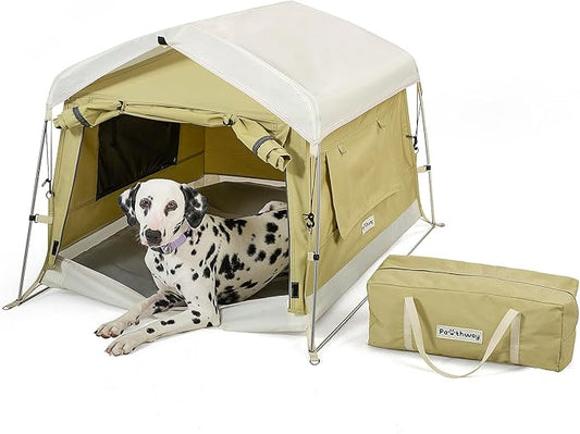 Dog Tent Cotton Fabric, Aluminum Poles and Camping Mat, Outdoor Weatherproof, Dog House Outdoor, Breathable with 2 Side Windows, Portable and Collapsible (Green, Large)