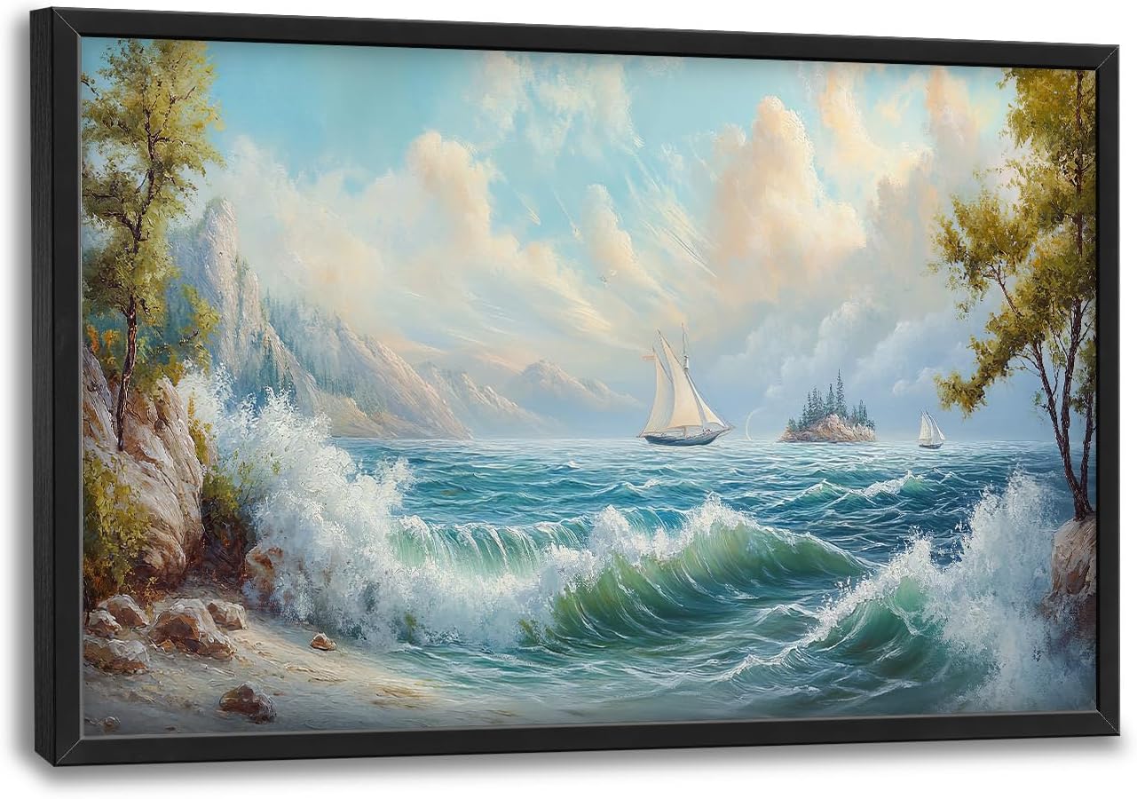 Framed Large Sailboat Wall Art for Living Room, Oversized Sea Coastal Wall Decor Beach Nautical Canvas Painting Seascape Pictures Home Decoration for Living Room Bedroom Office 36"x24"