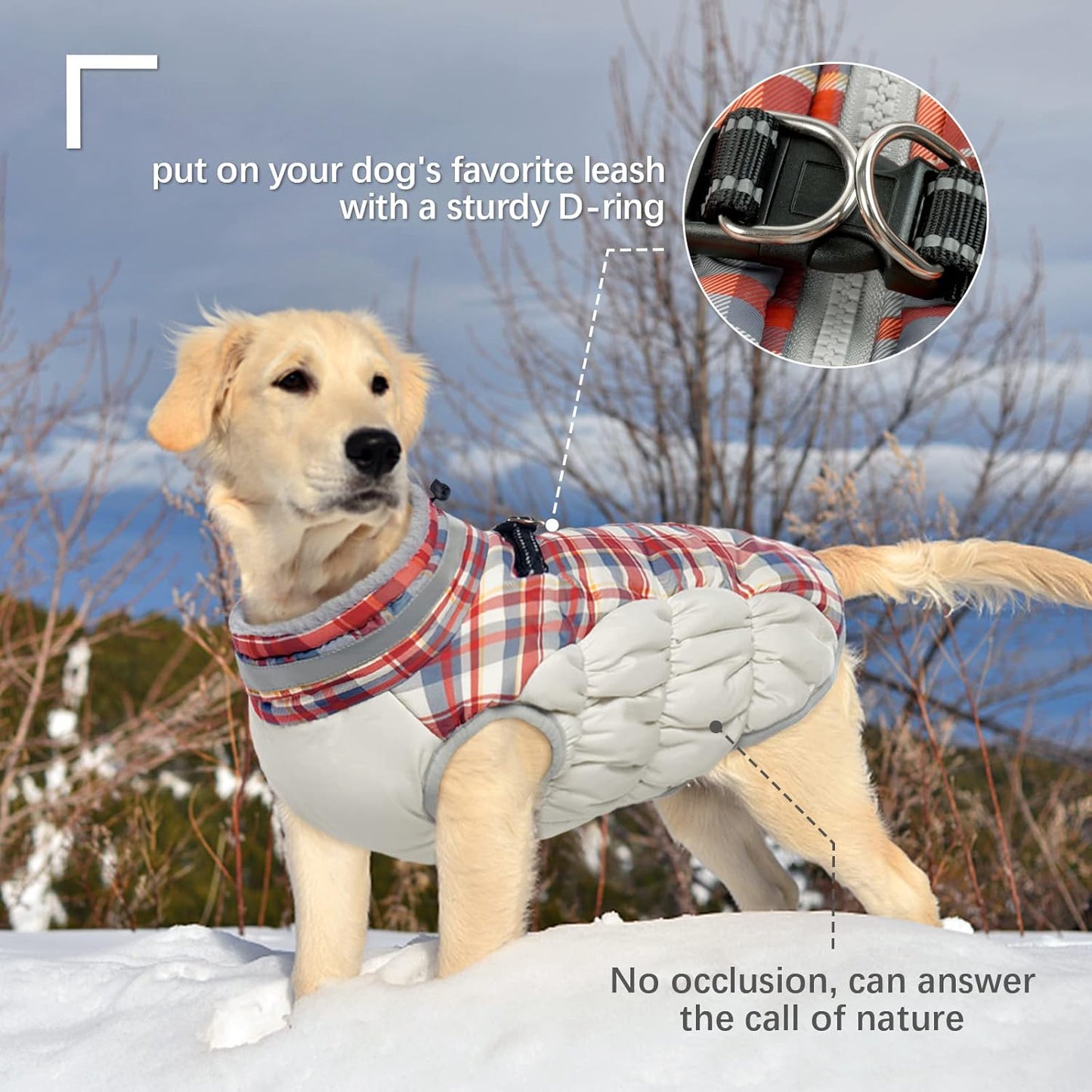 FUAMEY Dog Coat for Large Dogs,Waterproof Dog Winter Jacket with Harness Built in Puppy Cold Weather Coats Reflective Pet Vest with Zipper Warm Fleece Dogs Snowsuit Windproof Red Plaid L