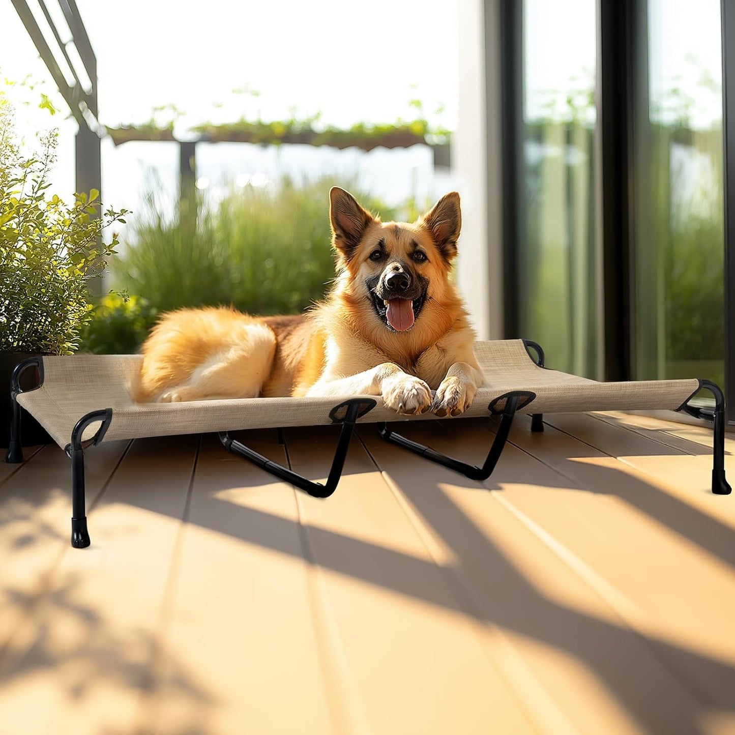 Veehoo Portable Elevated Dog Cot, 59" x 37" Extra Large Raised Cot for Large Dogs, With Breathable Mesh & Non-Slip Feet, Suitable for Outdoors & Camping, Beige & Coffee