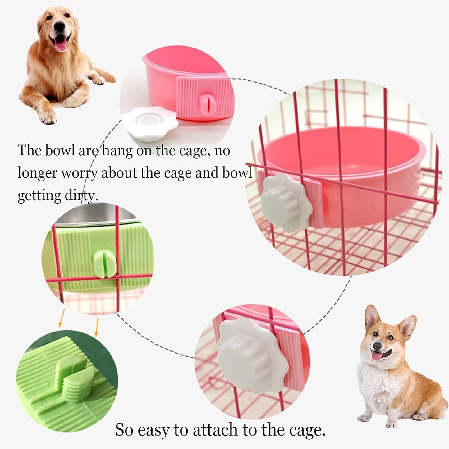 kathson Crate Dog Bowl, Removable Stainless Steel Hanging Pet Cage Bowl Food & Water Feeder Coop Cup for Cat, Puppy, Birds, Rats, Guinea Pigs 3pcs Large(Blue,Green,Pink)