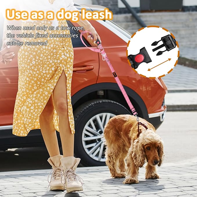 Removable Dog Seat Belt Harness for Car, 3 in 1 Pet Dog Car Seatbelt Leash, Retractable Restraint Secures to Vehicle Headrest & Adjustable Reflective Bungee Dog Seatbelt Tether, Pink