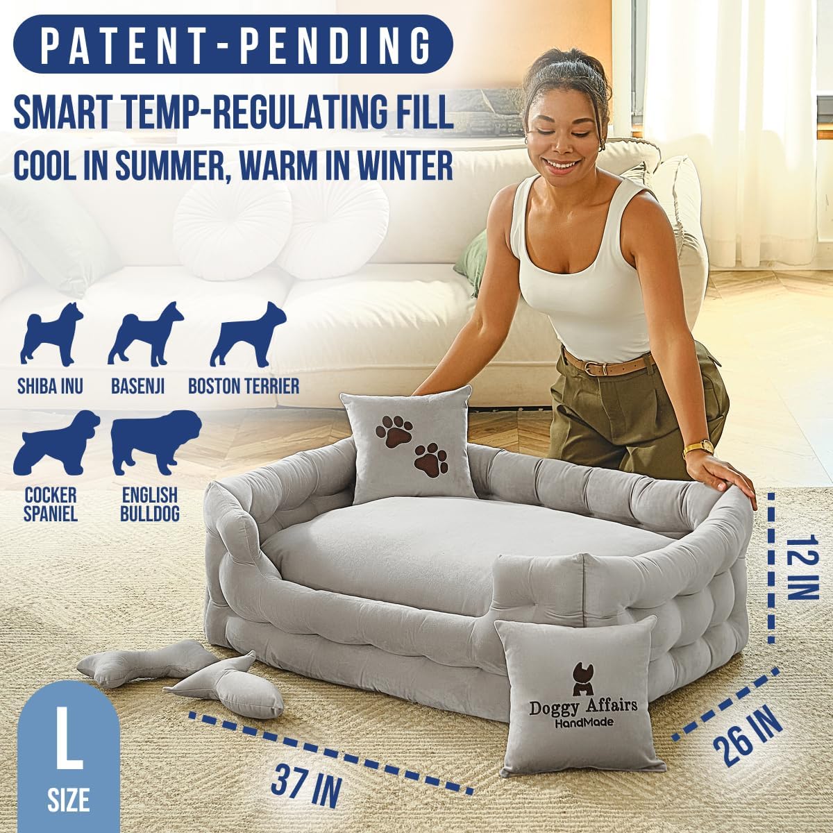 Luxury Dog Bed Chesterfield – Handcrafted Velvet Throne for Dogs | Joint Support, Calming & Temp-Regulating Comfort | Durable 5+ Years, Anti-Claw, Washable 100+ Times – L, Gray