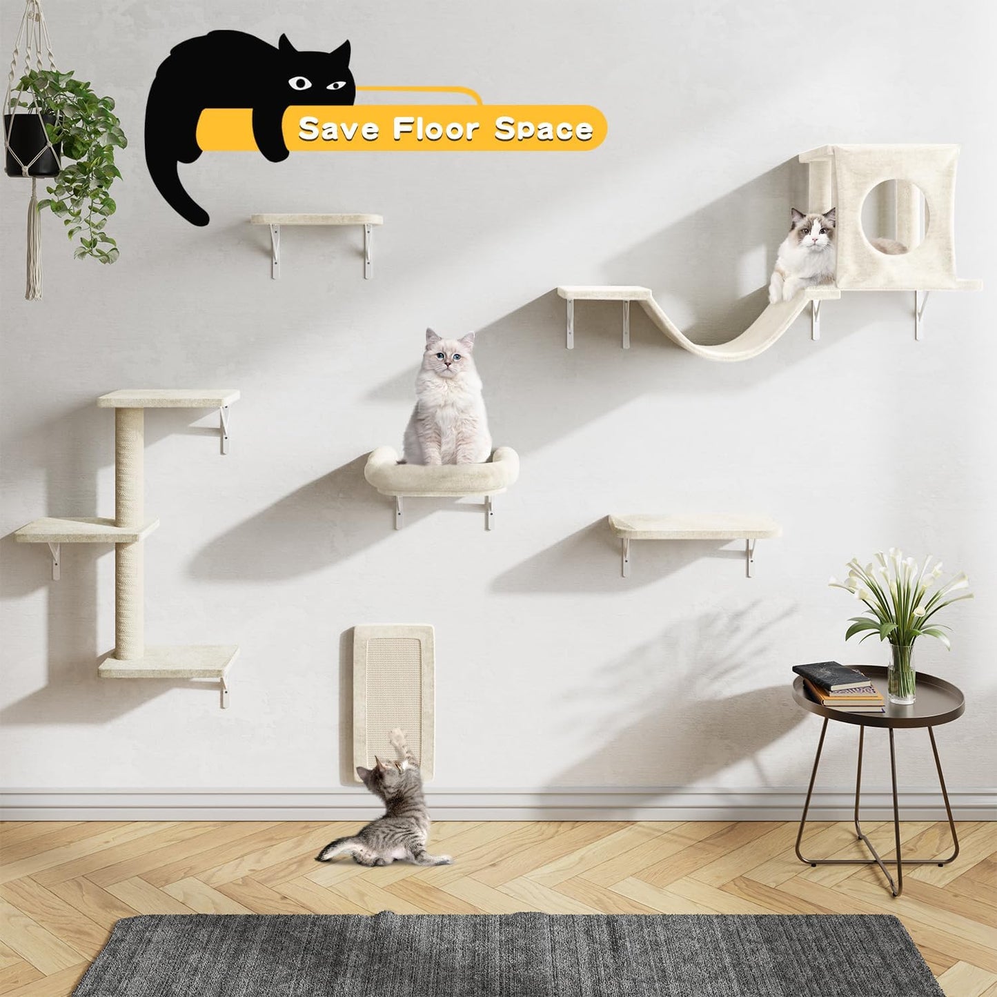 NUNU LAB Wall Mounted Cat Furniture, 6 Pcs Cat Wall Shelves with Condo House, Bridge, Steps, Scratcher, Hammock, Indoor Safe & Stable Furniture for Kittens Play, Beige