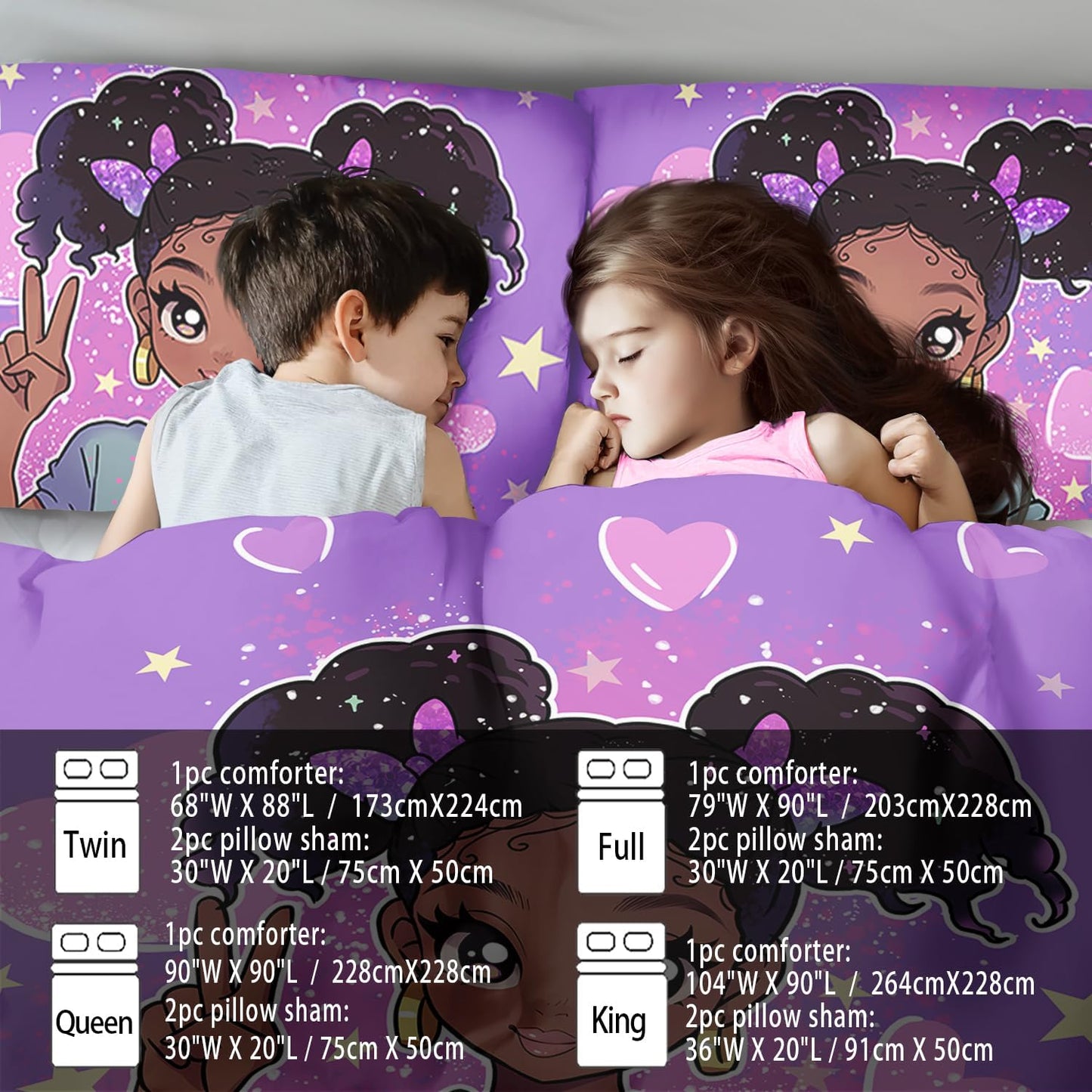 African American Black Girl Comforter Set Twin Size,Cute Black Girl Bedding Set Twin for Kids,Kawaii Heart Comforter Purple Bedding Decor for Teen,Purple Bed Quilt