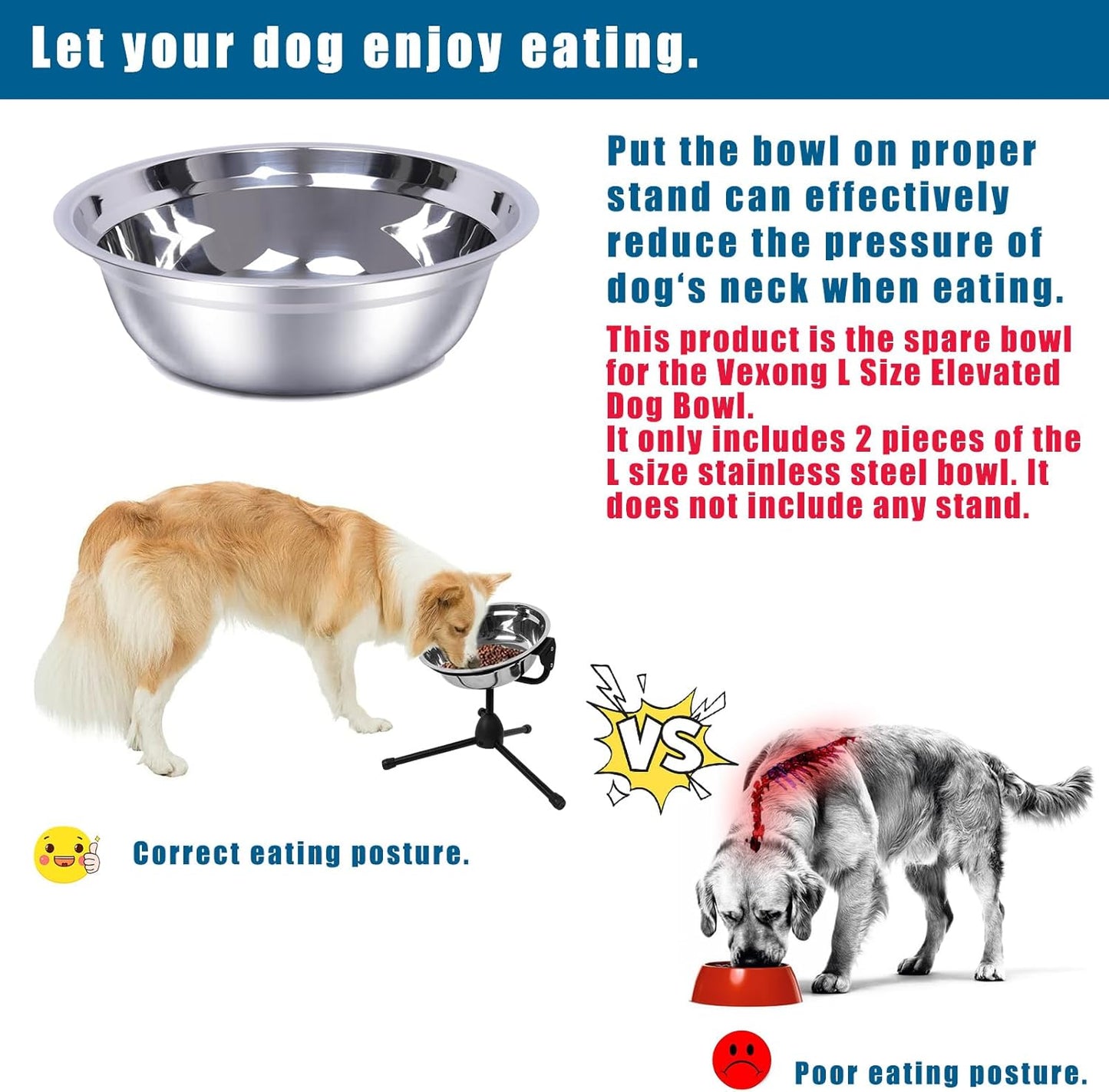 2 Pack, L Size Bowls, Matches Vexong L Size Elevated Dog Bowl Stand, for Dogs Between 60 and 100 lb, Stainless Steel Dog Bowl, Capacity 0.8 Gal / 12.5 Cup / 106 Oz / 3 Liter, Rustproof, Durable,