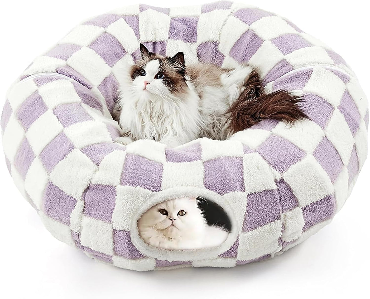Cat Tunnel Bed with Washable Cushion for Indoor Cat, Donut Cave Tube Toys for Kitten Puppy Rabbit, Purple