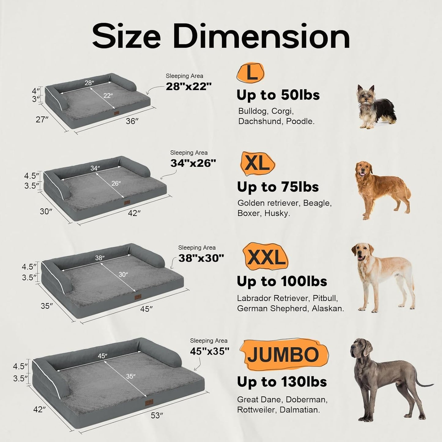 Large Dog Bed Orthopedic Washable - Beds Bolster - Extra XL XLarge Big Dogs - Memory Foam Couch Sofa - Waterproof with Removable Cover - Dark Grey Dog Bed
