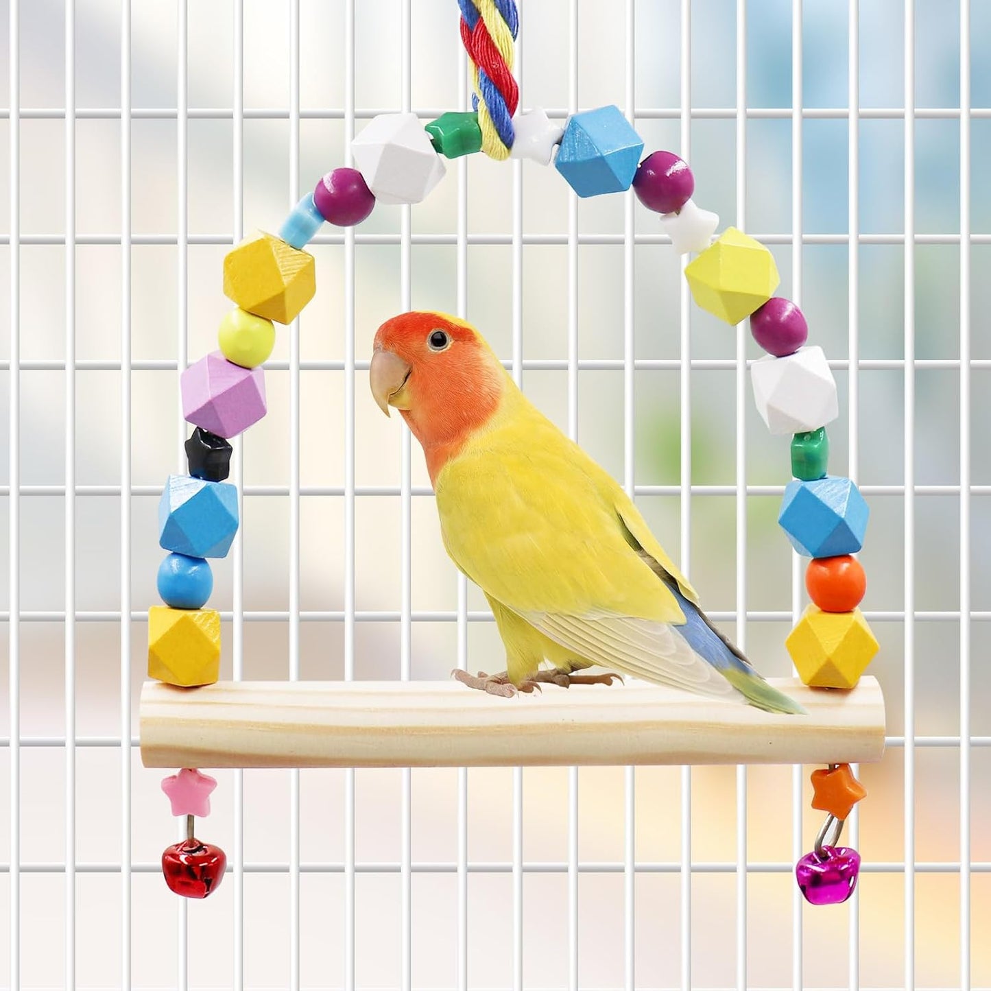 2 Pack Bird Swing, Hanging Colorful Wooden Parrot Perch Stand Toy, Bird Cage Accessories, Suitable for Small to Medium Birds Parrots Parakeets Cockatiels Conure Budgies Love Birds