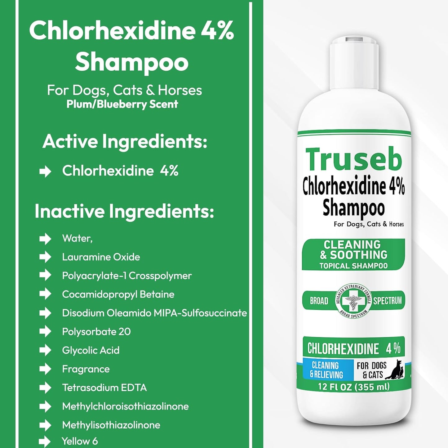 Truseb Topical Chlorhexidine 4% Shampoo for Dogs, Cats, and Horses with Plum/Blueberry Scent - 12 oz - Made in U.S.A (Chlorhexidine 4% Shampoo, 12 oz)