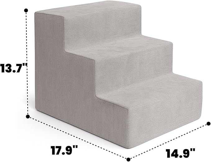 MEWANG Dog Stairs for Small & Medium Dogs and Old Cats –3/4/ 5 Steps High-Density Foam Pet Ramp for Bed & Couch, Non-Slip, Washable Cover, Grey (Square Corner, 3 Steps: 17.95''×14.96''×13.70'', 2)