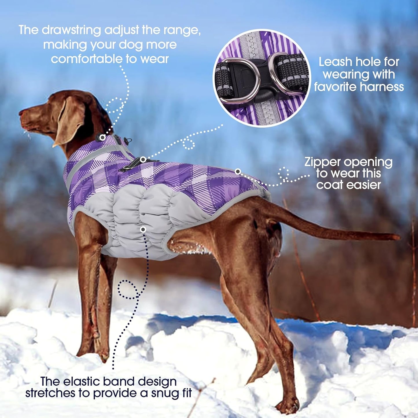 FUAMEY Dog Coat for Large Dogs,Waterproof Dog Winter Jacket with Harness Built in Puppy Cold Weather Coats Reflective Pet Vest with Zipper Warm Fleece Dogs Snowsuit Windproof Purple Plaid 2XL