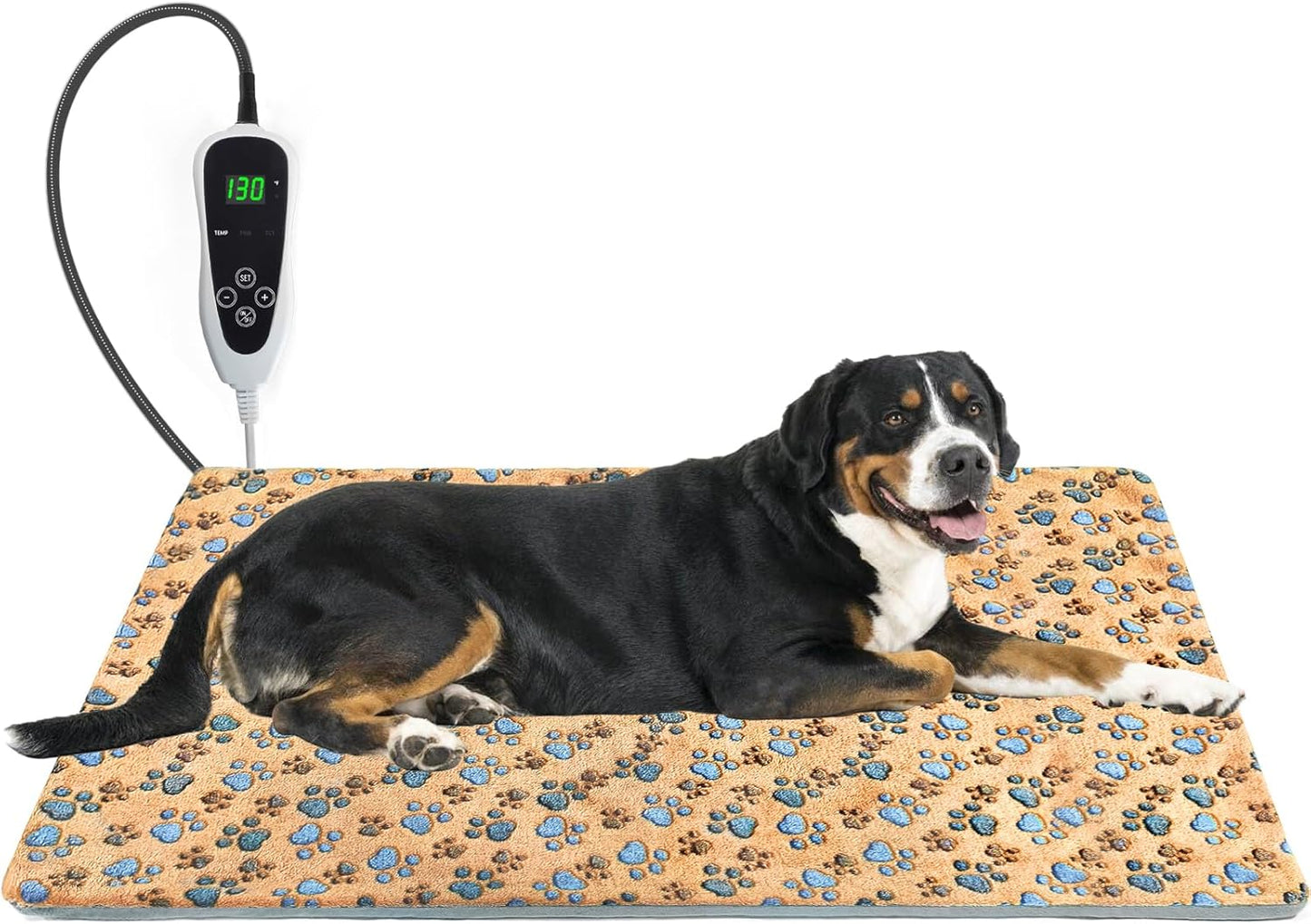 Dog Heating Pad，47×30 in Waterproof PVC Large Heating Pad for Dogs，Smart Thermostat Heated Dog House，Reinforced Interface + Wire Rope Whelping Box for Dogs,Plush Fabric Cover-Apricot