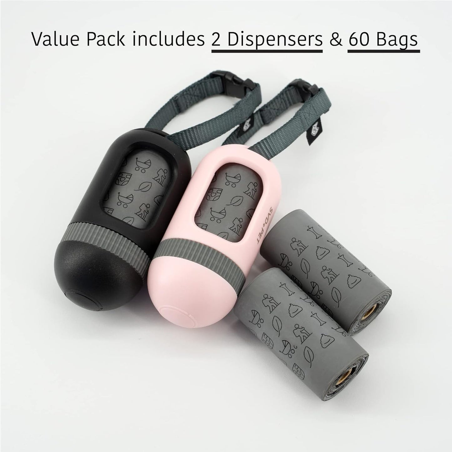SVD.PET [2-Pack] Retractable Waste Bag Dispensers Gift Set, 2 Pet Waste Bag Holders with 60 large Waste Bags, Dog Walking Accessory Gift Value Pack (Black & Primrose Pink)