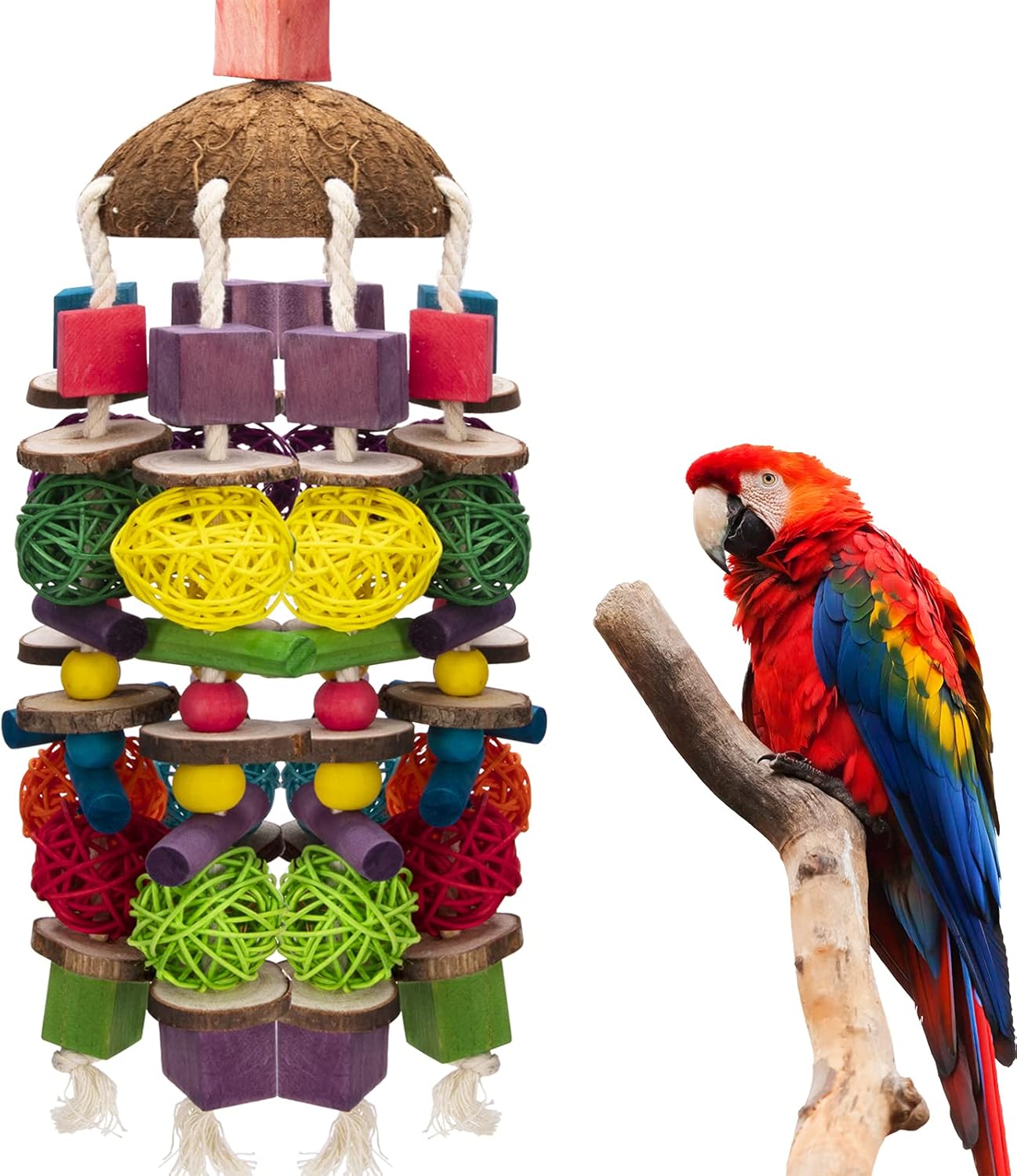 EBaokuup Large Bird Parrot Toys, Multicolored Wooden Blocks Bird Chewing Toy Parrot Cage Bite Toy for Macaws Cokatoos African Grey and Large Medium Parrot Birds