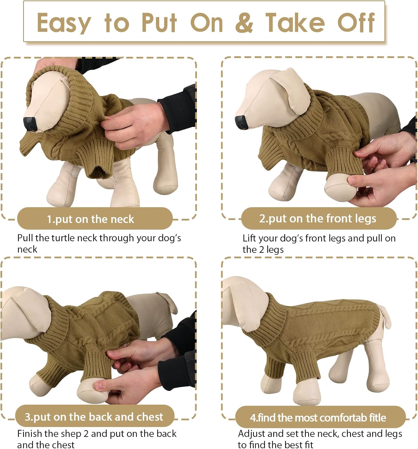 Queenmore Small Dog Pullover Sweater, Cold Weather Cable Knitwear, Classic Turtleneck Thick Warm Clothes for Chihuahua, Bulldog, Dachshund, Pug (Light Brown, Medium)