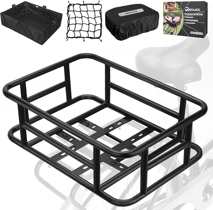 RAYMACE Rear Rack Bike Basket with Cargo Net and Liner Large Bicycle Basket Perfect Mount for Electric Bike