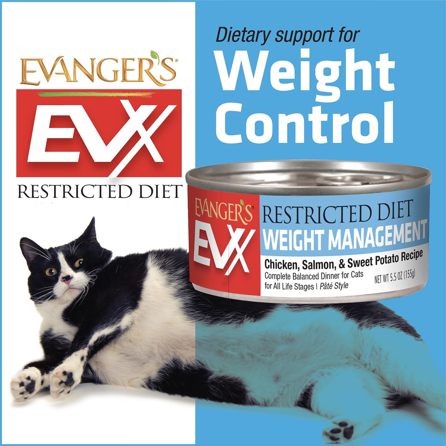 Evanger’s EVX Restricted Diet Weight Management Canned Cat Food – 24 Count, 5.5 oz Cans Each – Chicken, Salmon & Sweet Potato Recipe – Grain Free, Limited Ingredients, Pâté Style