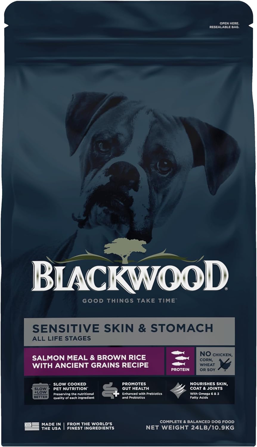 Blackwood Sensitive Skin & Stomach Dry Dog Food, Salmon Meal & Brown Rice with Ancient Grains, 24 Pound Bag with Prebiotics & Probiotics to Promote Gut Health