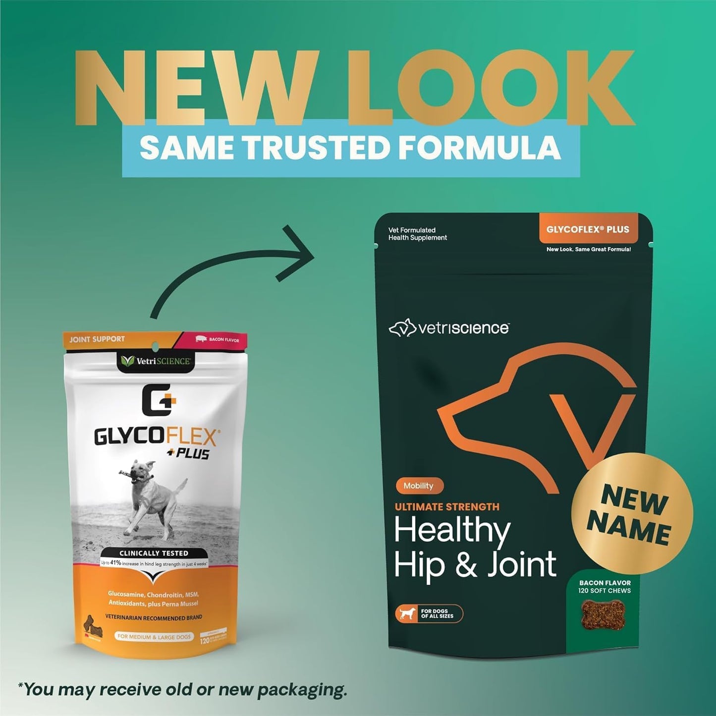 VetriScience GlycoFlex Ultimate Strength Healthy Hip & Joint Glucosamine Supplements for Dogs, with MSM, Chondroitin & Green-Lipped Mussel, Soft Chews, Bacon, 120 Count - New Look