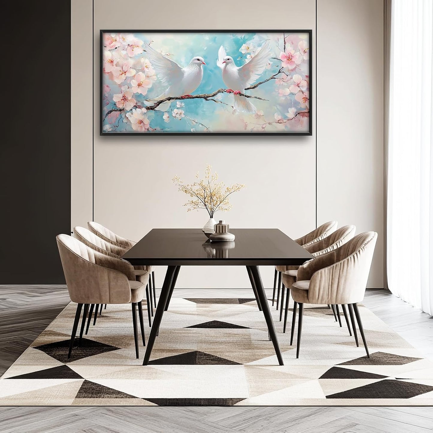 Large White Dove Flower Wall Art for Living Room, Framed Oversized Pigeon Cherry Blossom Wall Decor Nature Canvas Painting Modern Artwork for Living Room Bathroom Bedroom Office Dining Room 60"x30"