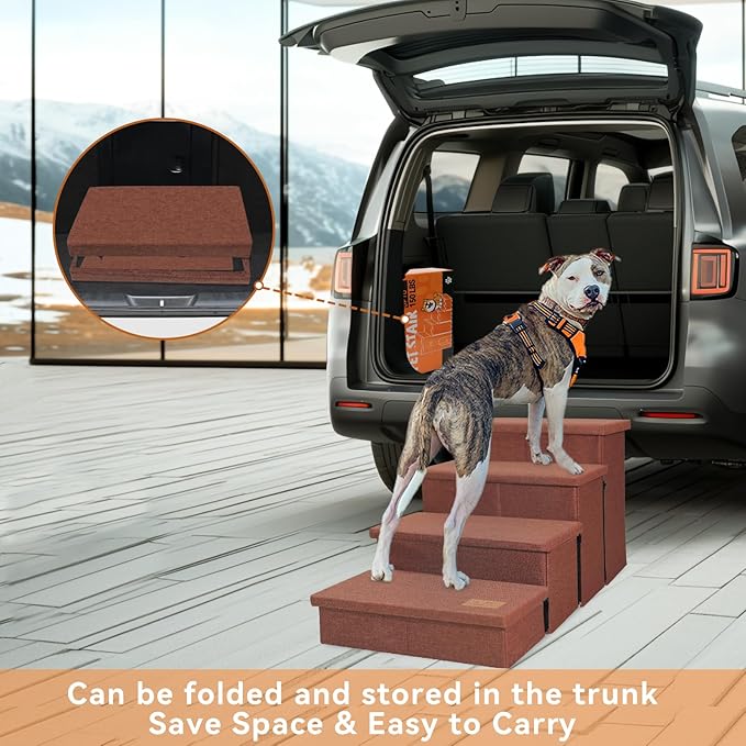 Dog Stairs with Storage 23" H, 4-Step Wider Dog Steps for High Beds Window, Folding Sturdy Pet Stairs Gift for Small/Medium/Large Old Dogs Cats, Ramp for Climbing Car Up to 200 lbs, Brown