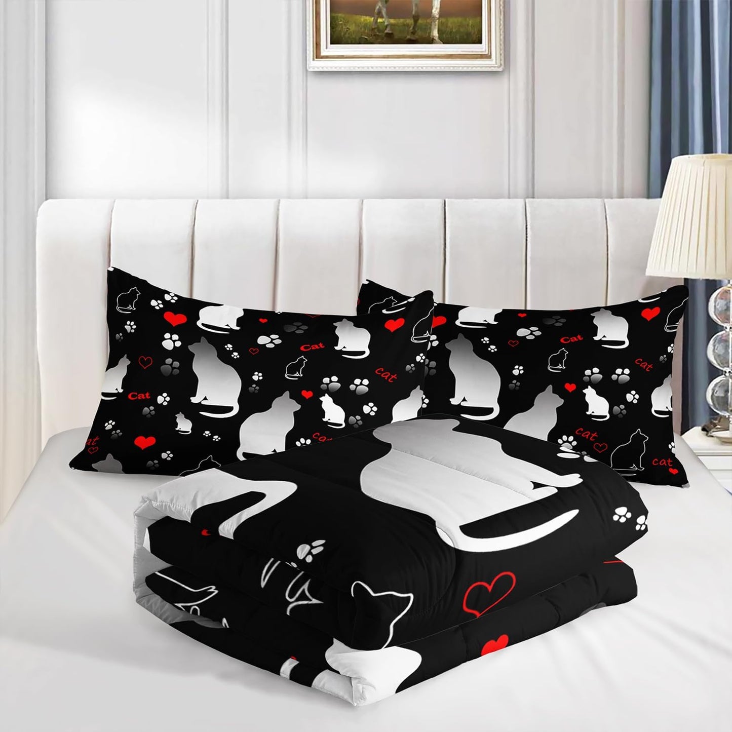 Kawaii Cat Animal Themed Comforter Set 3Pcs Queen Black White Pet Cat Bedding Set for Kid Teen Girl Boy Adult Room Decor Cartoon Cat Paw Heart Pattern Quilt with 1 Comforter and 2 Pillowcases