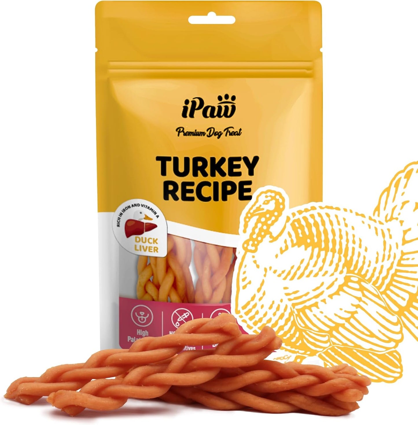 iPaw Turkey Dog Treats, All Natural Human Grade Dog Treat, Suitable for Training chew, US Sourced Raw Material, Hypoallergenic, Rawhide Alternative,Braided Stick (Sweet Potato)