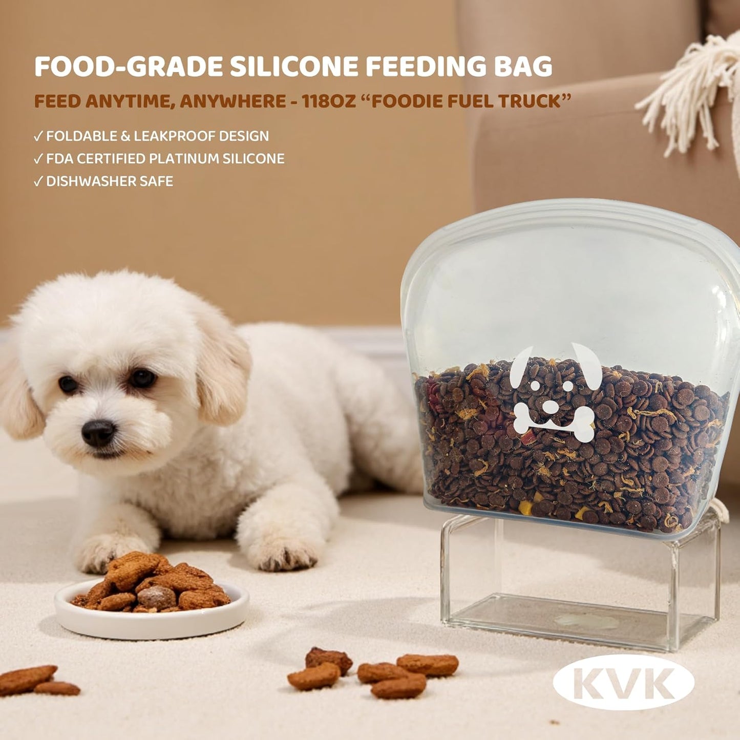 KVK Extra Extra Large Silicone Dog Food Mat 39.4×43.3in and 128oz Silicone Bag Set, Super Size Waterproof Pet Feeding Mat & Container, Non-Slip, Chew-Resistant Floor Protection (Dark Grey&Clear)