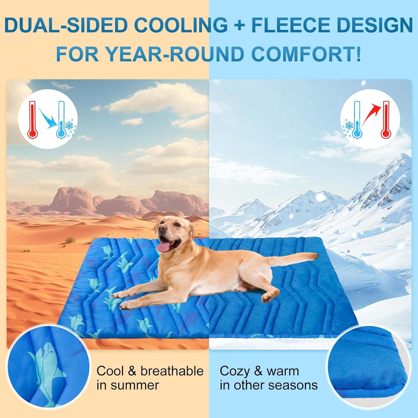 BEAUTYZOO Dog Cooling Mat- Upgraded Thicken Cooling Mat for Large Dogs Reversible(Cool & Warm) Pet Ice Cool Bed Washable & Portable, Summer Crate Pad for Big Dog Puppy Up to 80 lbs, Shark Blue 48X28IN