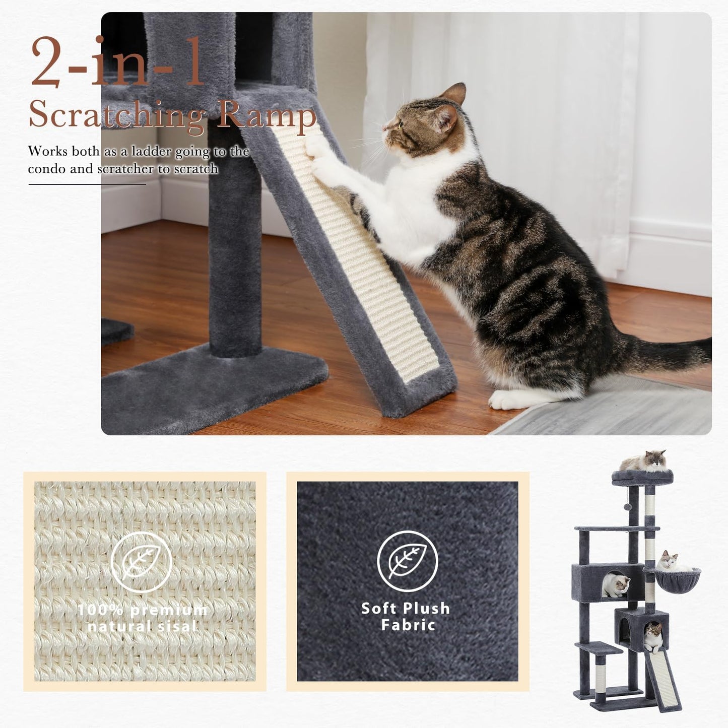 PAWZ Road Cat Tree, 60 Inches Cat Tower with Dual Condos, Spacious Perch, Cozy Basket and Sisal-Covered Scratching Posts for Indoor Cats- Dark Gray