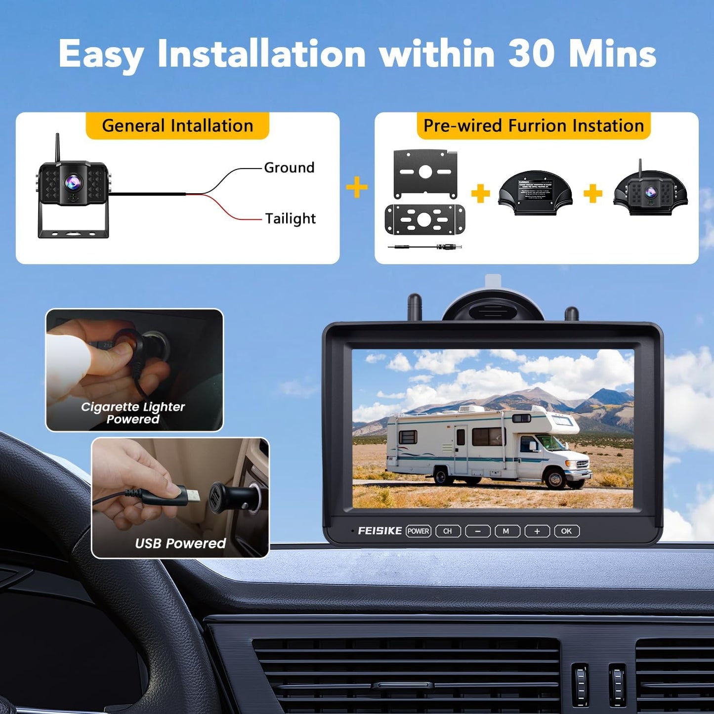 RV Backup Camera Wireless with 7" 1080P Monitor, for Furrion Pre-Wired RV, 4-Channel Split Screen System, Loop Recording, IR Night Vision, Wide Rear View Camera for Truck, Trailer, Camper