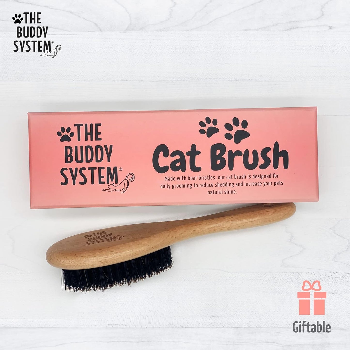 The Buddy System Cat Brush with Boar Bristle and Wooden Handle, Professional Grade Daily Grooming Hairbrush, Reduce Shedding, Soft Hair and Healthy Shine (1 Pack)