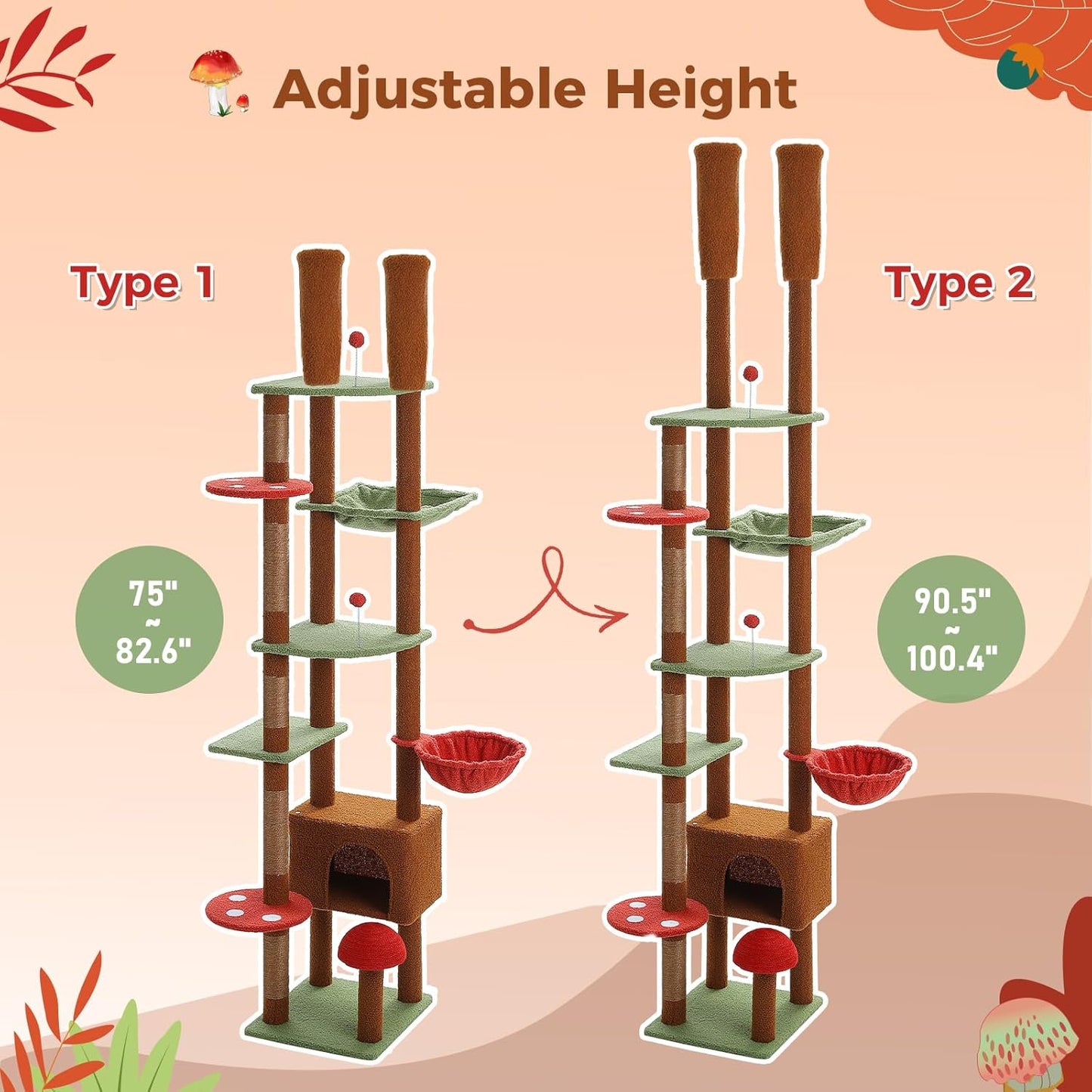 PEQULTI Mushroom Cat Tree Floor to Ceiling Cat Tower Adjustable Height (90.5''-100.4'' = 230cm-252cm) with Cat Condo, Cozy Hammock and Scratching Post, Tall Activity Tree for Indoor Cats, Brown