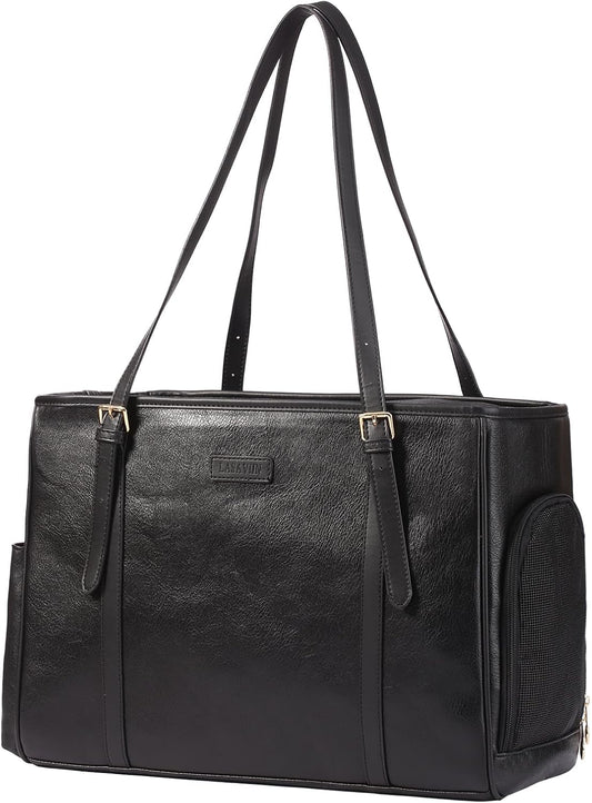 Fashion Dog Purse Pet Carrier Leather Bag for Small Dogs Cats Puppy, Portable Tote Bag Airline Approved Soft-Sided Carriers (Black)