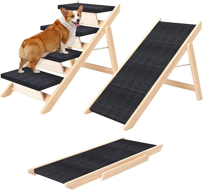 Dog Stairs/Ramp for Bed, Wooden Convertible Pet Steps, Portable Dog Ladder Up to 180 Pound for Elderly/Short-Legged Dogs, 4 Steps for Beds, Couch, Cars