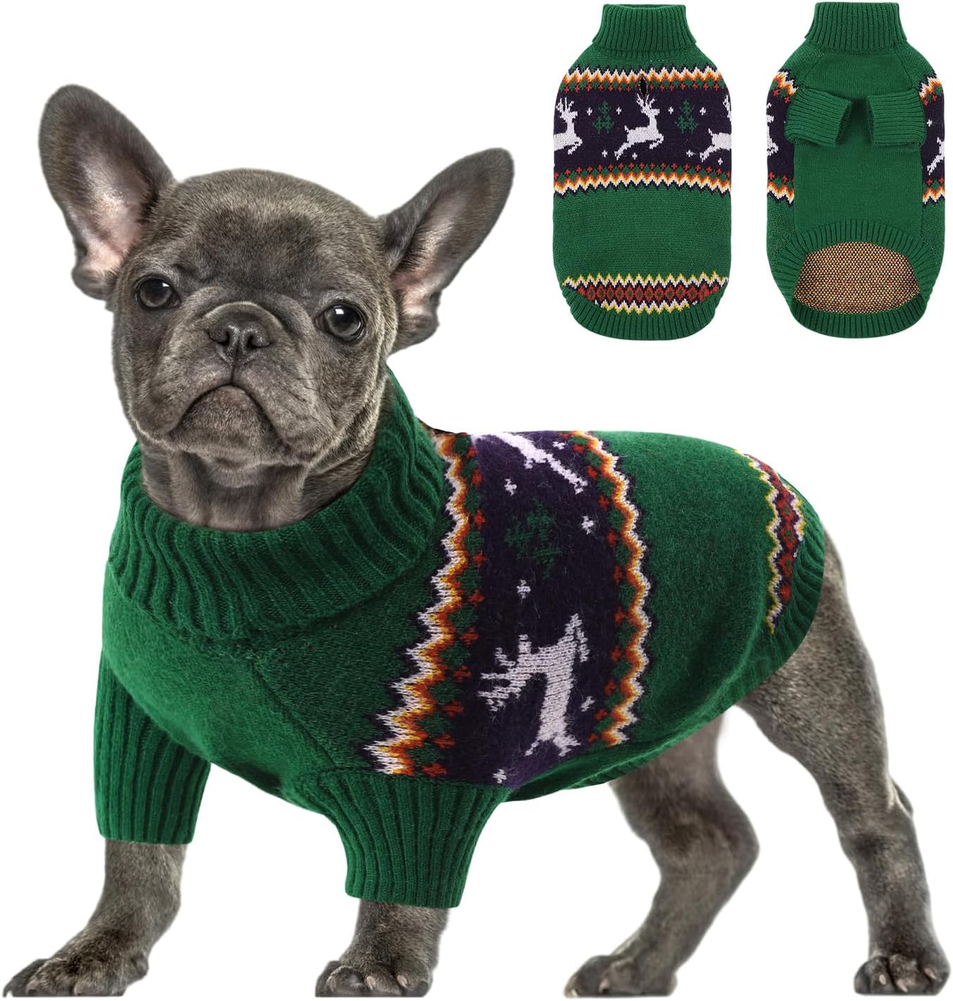 Queenmore Dog Christmas Sweater,Turtleneck Knitted Pullover Xmas Pet Clothes Sweatshirt,Christmas Outfit, Warm Dog Sweaters for Small Dogs Boy Girl,XmasDeer,M