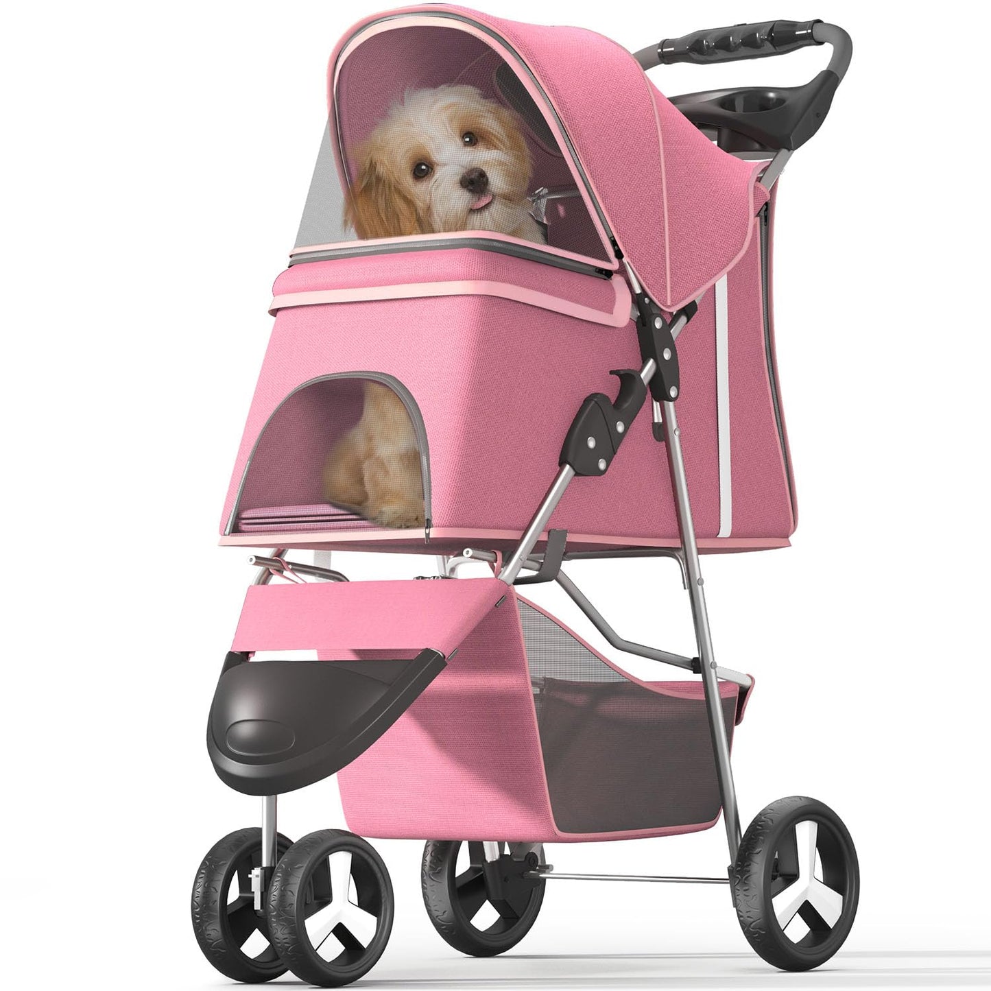 Pet Stroller with 3 Wheels for Small/Medium Pets, Portable Travel Foldable Carrier Jogger for Dog Cat Puppy Kitty, Rear Wheel Breaks, Storage Basket, Visible Mesh with Weather Cover (Pink)
