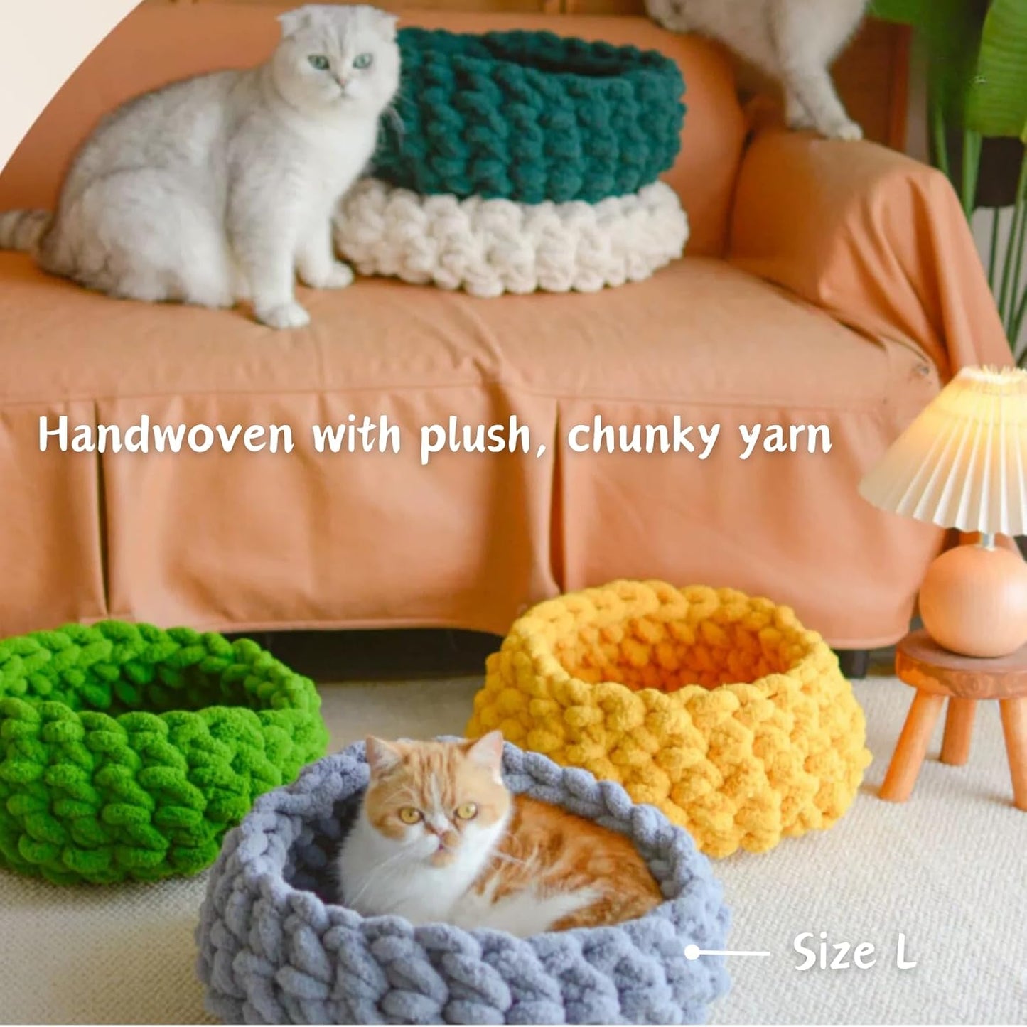 Cat Nest Bed – Premium Handwoven Washable Extra Soft Round Cave House for Indoor Kitten & Kitty, Small & Large (Cloud White,Large)