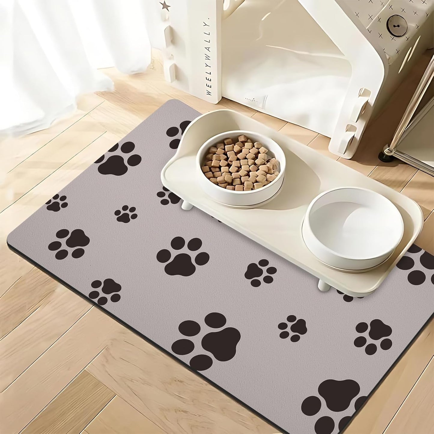 Dog Food Mat for Food and Water, Absorbent Pet Feeding Non-Slip Backing Cat Dog Bowl Mat No Stains Quick Dry Placemat with Footprints for Messy Brown,20"×12"