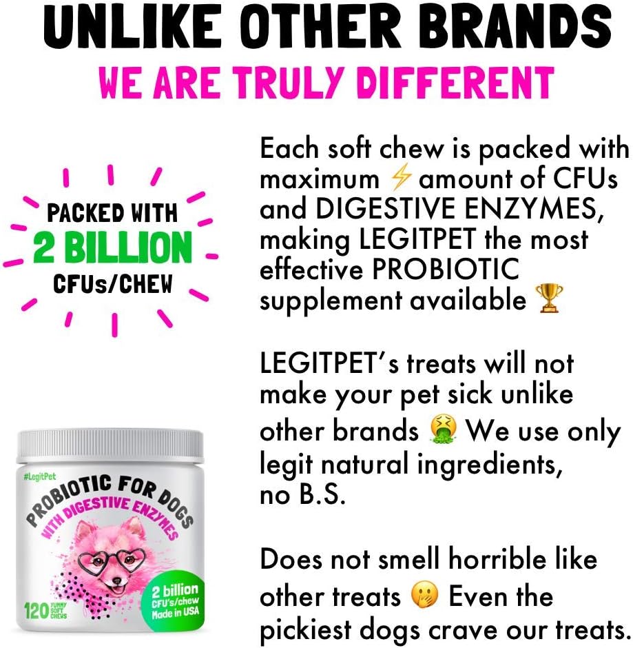 Probiotics for Dogs Natural Digestive Enzymes Prebiotics for Allergy Itch Relief Gut Flora Coprophagia Bowel Support Treatment Anti Diarrhea for Dogs Pet Health Immune System Support 120 Soft Chews