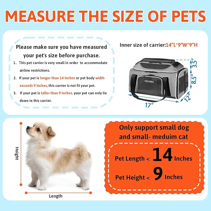 Petskd Top-Expandable Pet Carrier 17x12x8.5 Inches JetBlue Allegiant Spirit Airline Approved, Soft-Sided Carrier for Small Cats and Dogs with Locking Safety Zippers and Anti-Scratch Mesh(Grey)