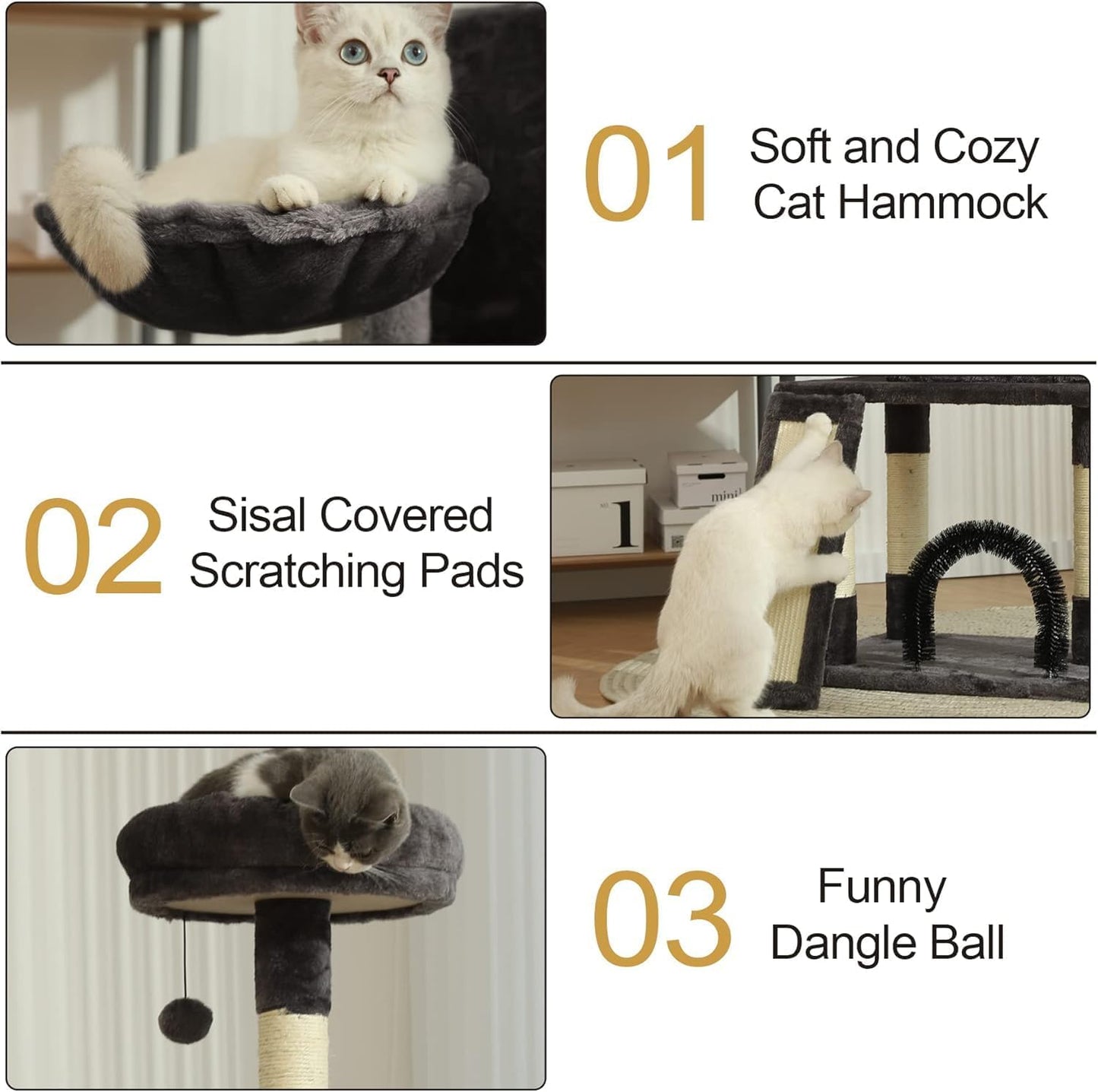 HOOPET 44IN Cat Tree for Indoor Cats - Multi-Level Cat Tower with Hammock, Condo, Scratching Posts, Self-Grooming Brush & Play Ball - Space-Saving Cat Furniture for Small Apartments