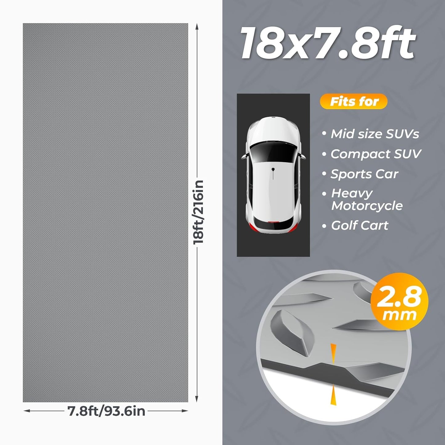 Geemax 7.8 x 18 FT Garage Floor Mats for Under Car, 2.8mm Thickened Rubber Garage Flooring Roll, M Size 140.4 SQFT Garage Car Mat for Mid-Size SUVs, Sports Car