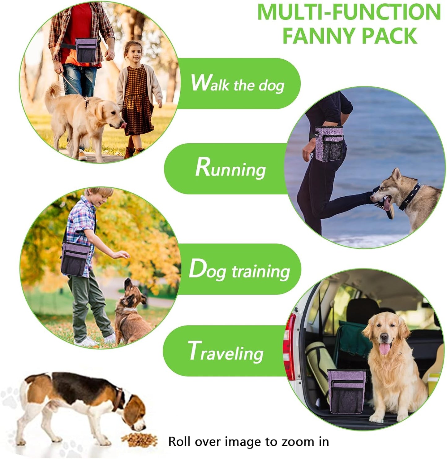 Dog Treat Pouches for Pet Training with Magnetic Closure Treat Pouches for Pet Training,Large Dog Treat Training Pouch and Dog Clicker,Training Treat Pouch Built-In Poop Bag Dispenser-Purple.