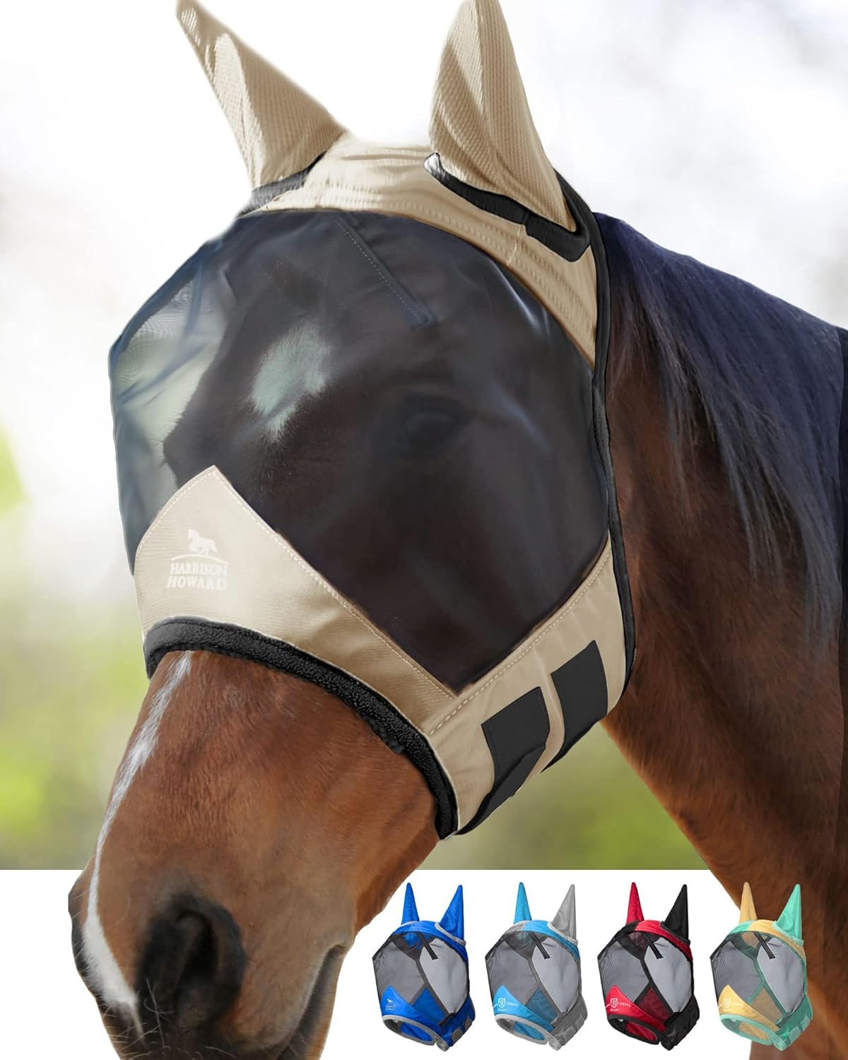 Harrison Howard Pro Luminous Horse Fly Mask Large Eye Space Standard with Ears UV Protection for Horse Light Champagne XL Extra Full Size