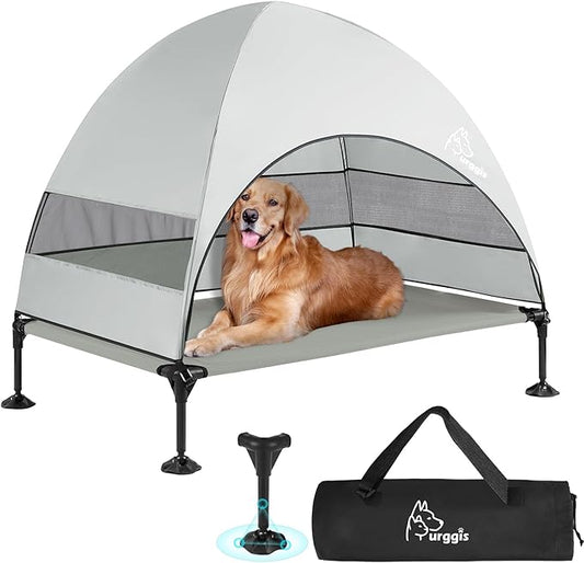 Upgraded Elevated Dog Bed with Canopy, Portable Raised Outdoor Dog Bed with Stable Anti-Slip Feet, Removable Wider Shade, Raised Dogs Cot for Large Pets Camping, Indoor & Outdoor Use