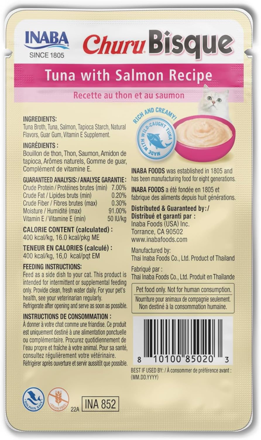 INABA Churu Bisque for Cats, Creamy Lickable Purée Side Dish with Vitamin E, 1.4 Ounces per Pouch, 12 Pouches, Tuna with Salmon Recipe