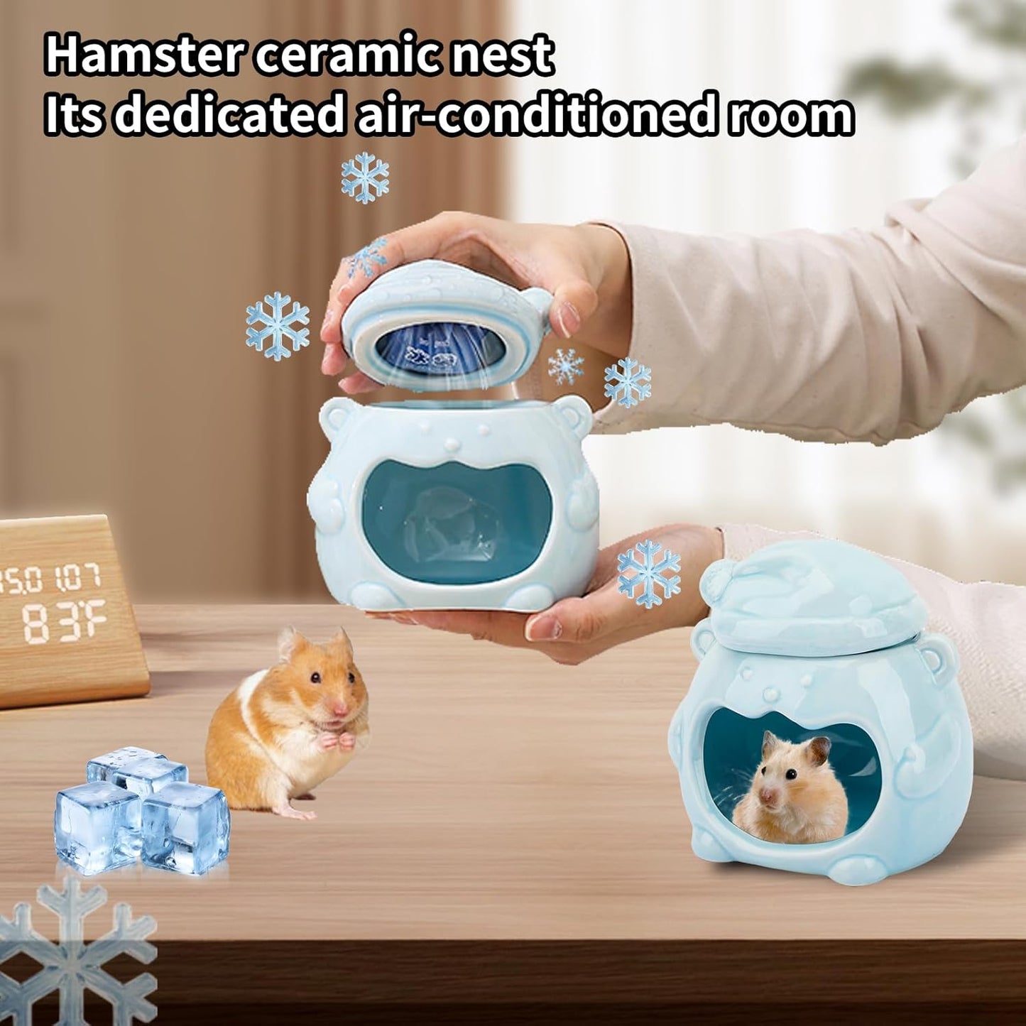 3-in-1 Bear Shaped Ceramic Hamster House - Cool House for Syrian Dwarf Hamsters, Mice, Gerbils， Small Pets, Top for Hamster Food, Removable Lid for Ice Packs, Cute Cool Hideout for Summer（Blue）
