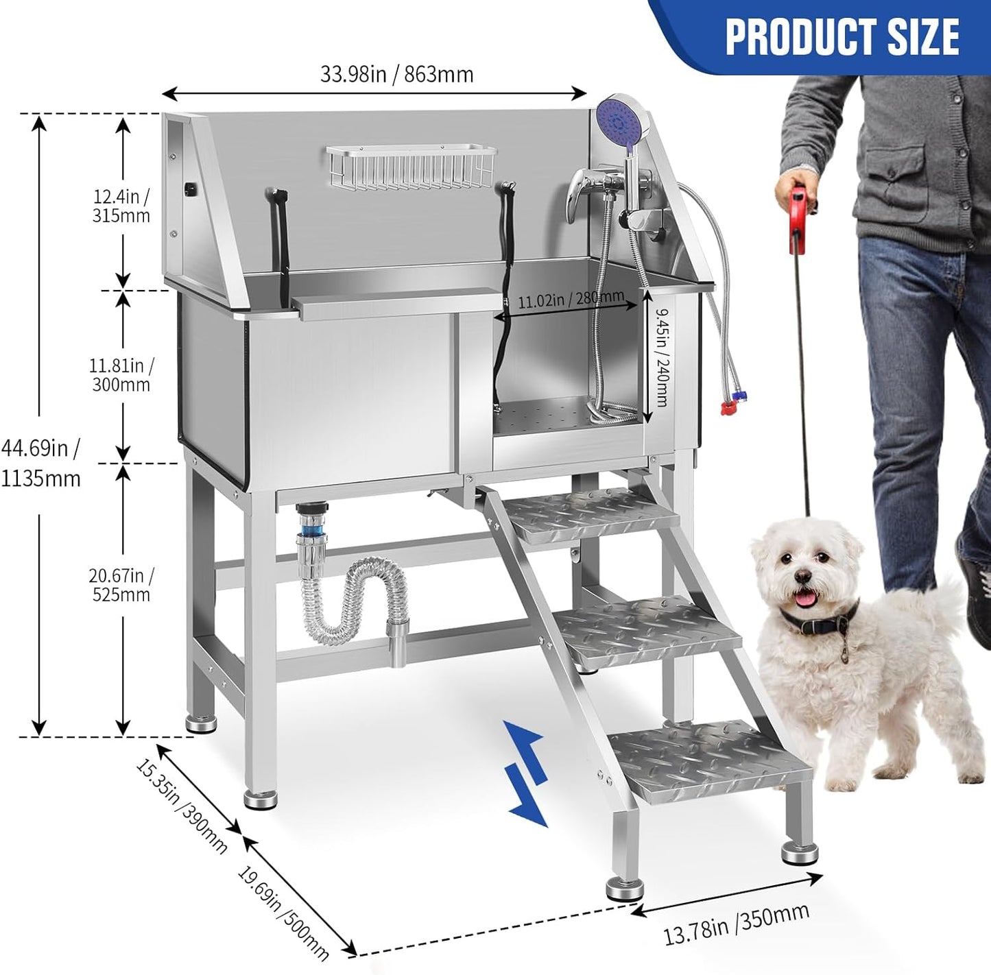 Stainless Steel Dog Washing Station for Large Dogs, Dog Grooming Tub for Home, Professional Dog Bathtub Bathing Station, Pet Wash Station, Dog Shower Tub with Stairs, Drain & Door,34" R-RAMP
